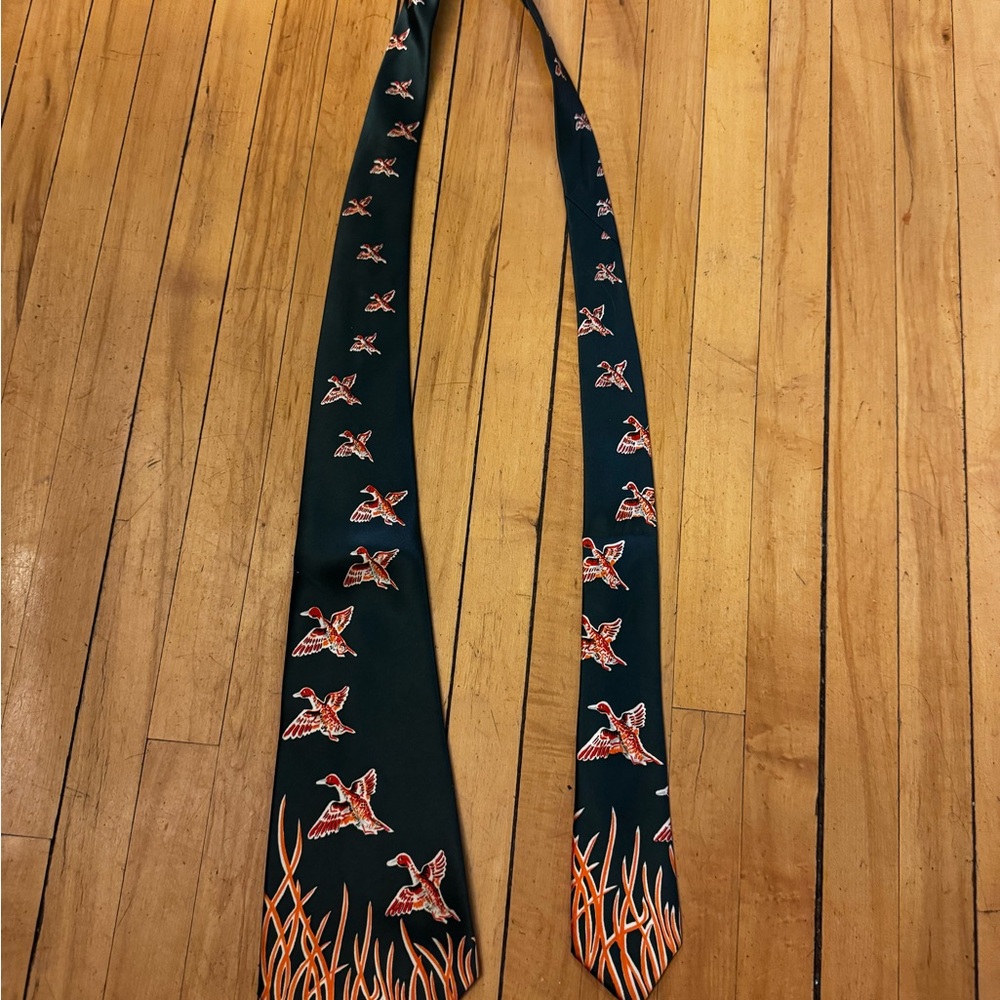 Dark green Tie with Orange Duck & Marsh Design